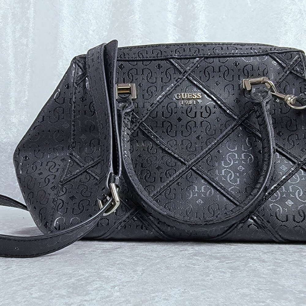 GUESS 1981 Black Logo Satchel Handbag PVC Monogram Boston Bag w/ Strap - Picture 2 of 15